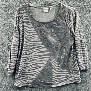 Chicos Womens Zebra Stripe Knit Top M Gray Stretch Relaxed 3/4 Sleeve Pullover